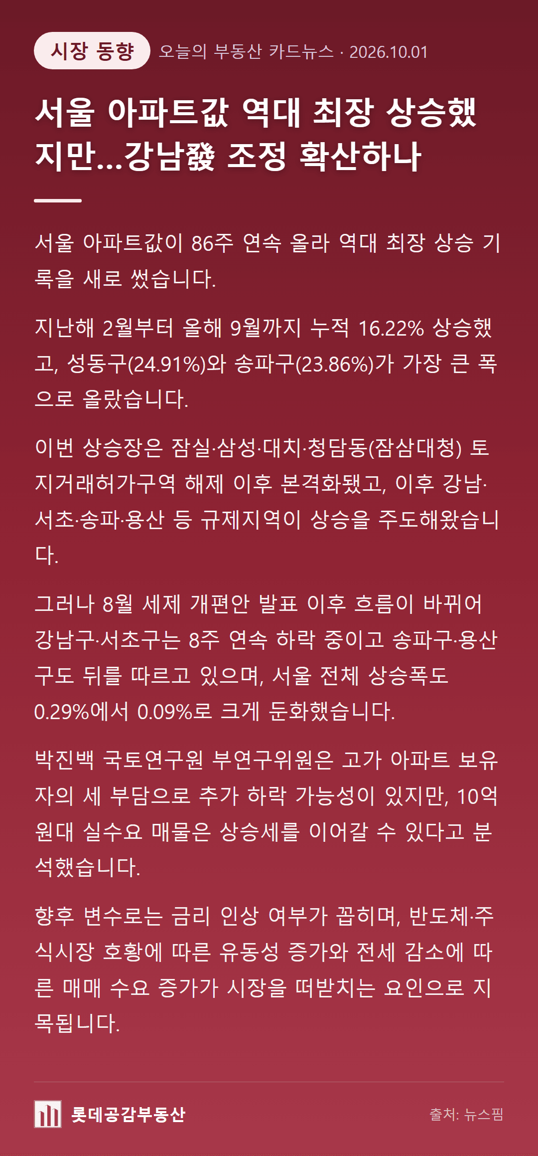 서울 아파트값 역대 최장 상승했지만…강남發 조정 확산하나