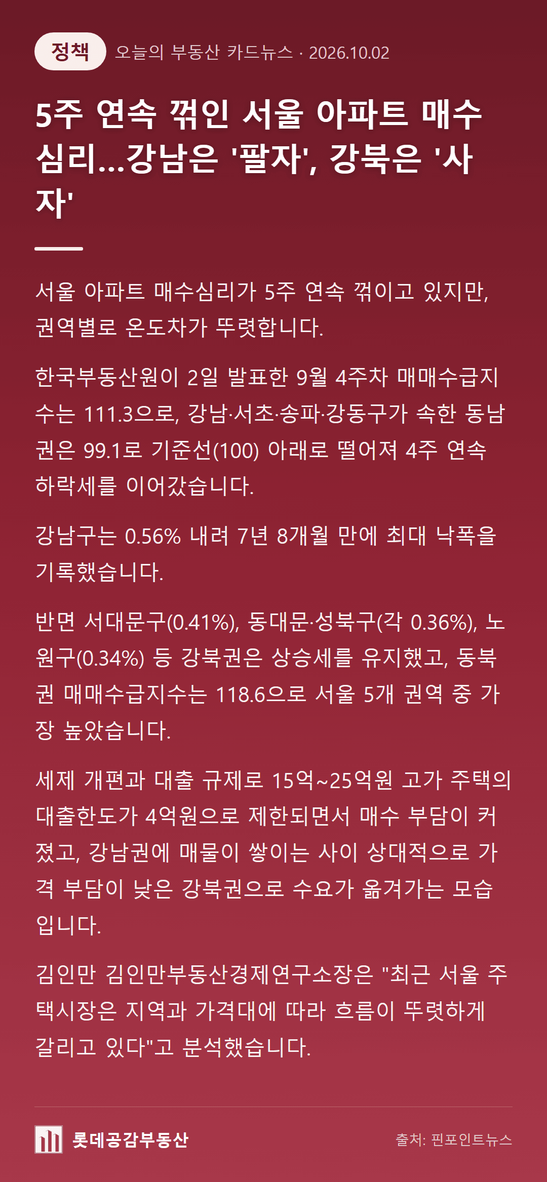 5주 연속 꺾인 서울 아파트 매수심리…강남은 '팔자', 강북은 '사자'