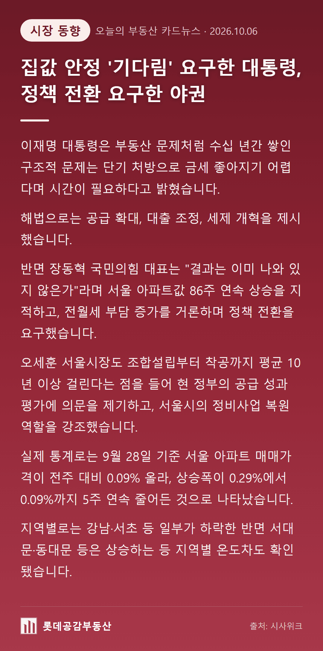집값 안정 '기다림' 요구한 대통령, 정책 전환 요구한 야권