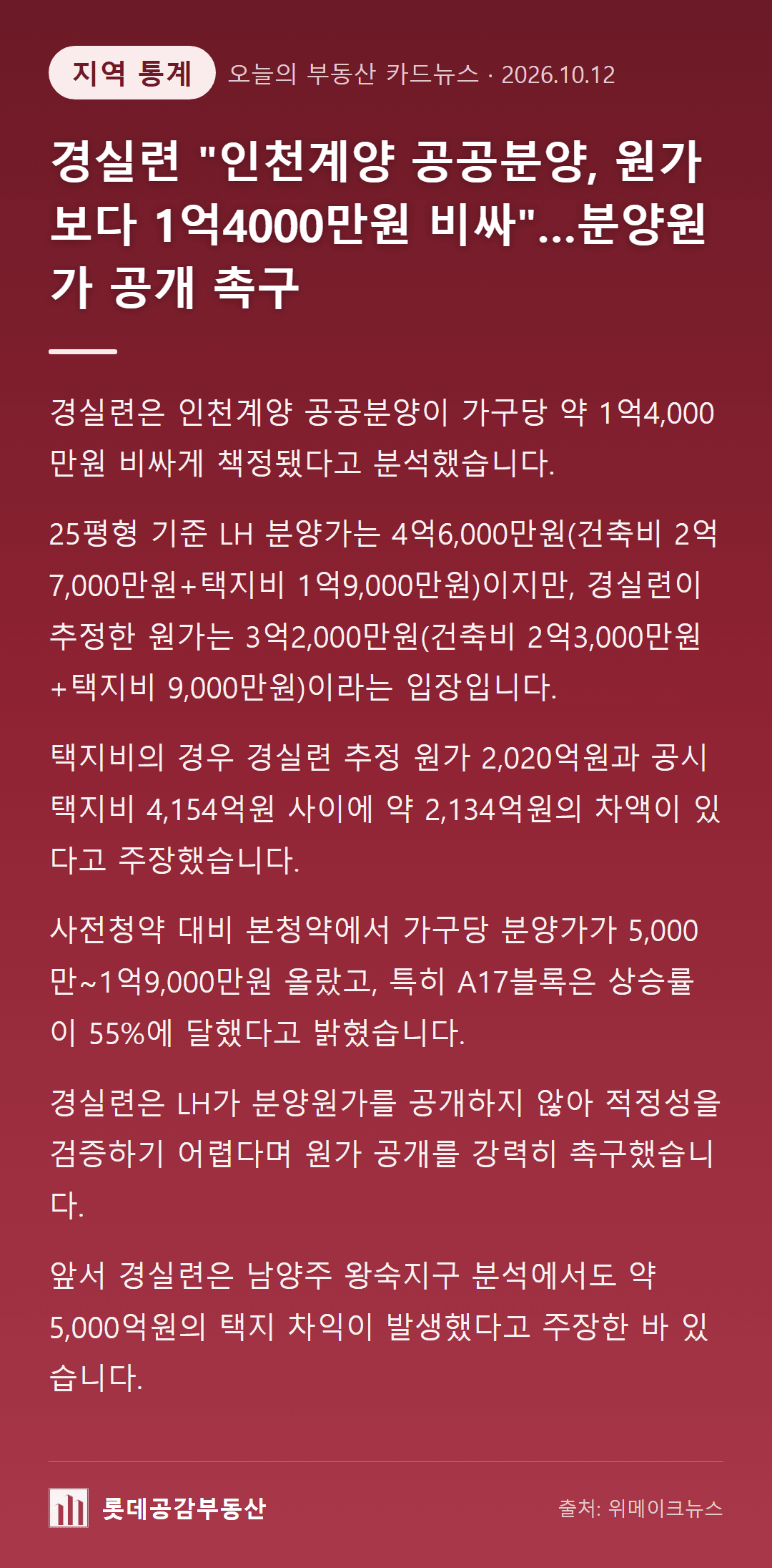 경실련 "인천계양 공공분양, 원가보다 1억4000만원 비싸"…분양원가 공개 촉구