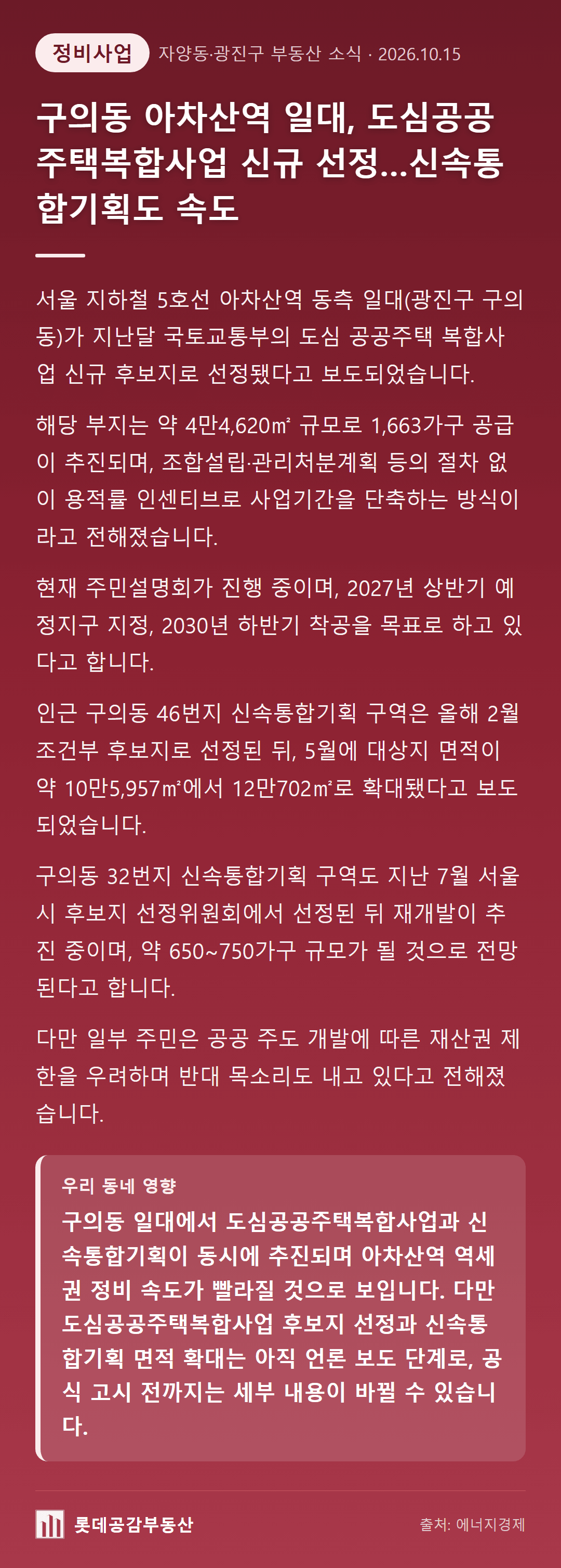 구의동 아차산역 일대, 도심공공주택복합사업 신규 선정…신속통합기획도 속도