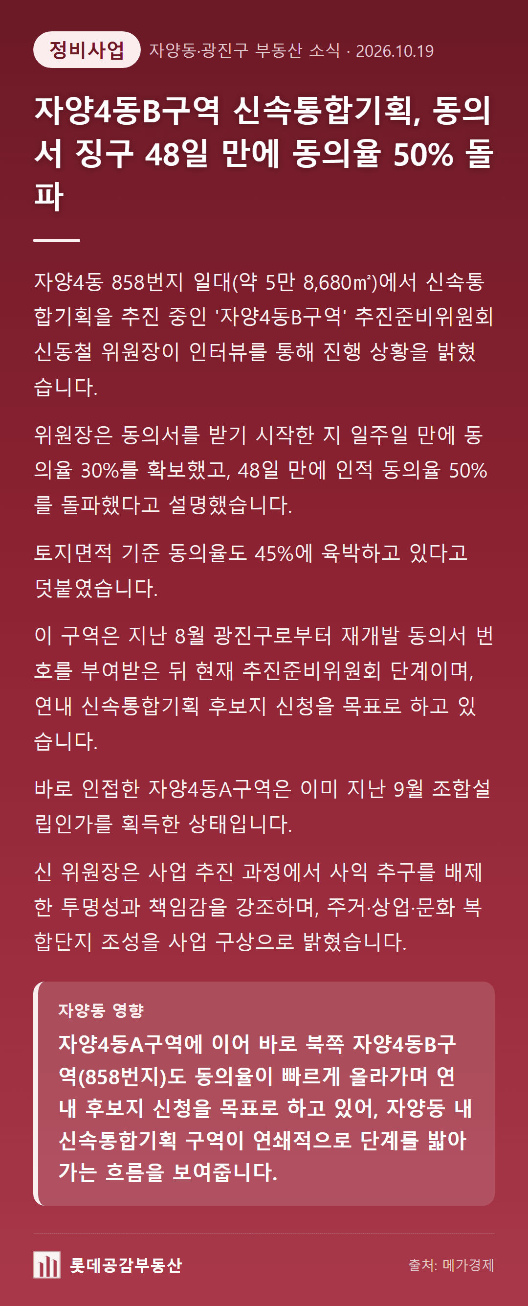 자양4동B구역 신속통합기획, 동의서 징구 48일 만에 동의율 50% 돌파
