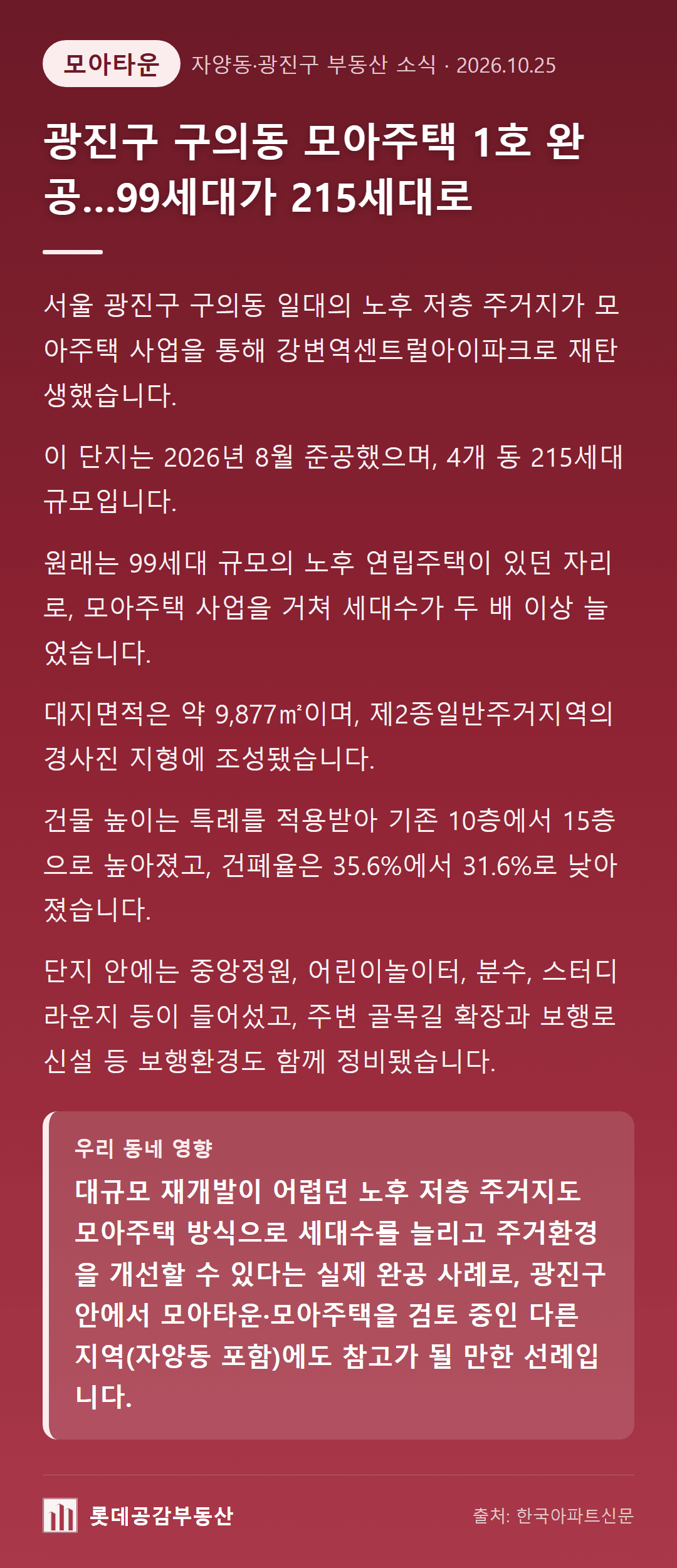 광진구 구의동 모아주택 1호 완공…99세대가 215세대로